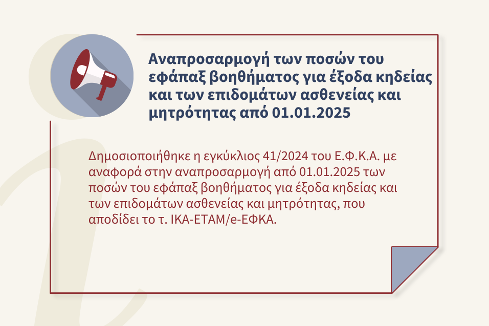 Αναπροσαρμογή των ποσών του εφάπαξ βοηθήματος για έξοδα κηδείας και των επιδομάτων ασθενείας και μητρότητας από 01.01.2025