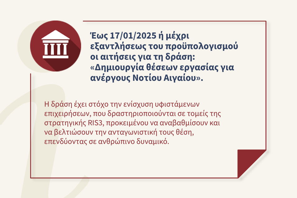 Νέα δράση: «Δημιουργία θέσεων εργασίας για ανέργους Νοτίου Αιγαίου», με στόχο τη συμμετοχή ανέργων στην αγορά εργασίας και τον περιορισμό της διαρροής του επιστημονικού προσωπικού της Περιφέρειας.